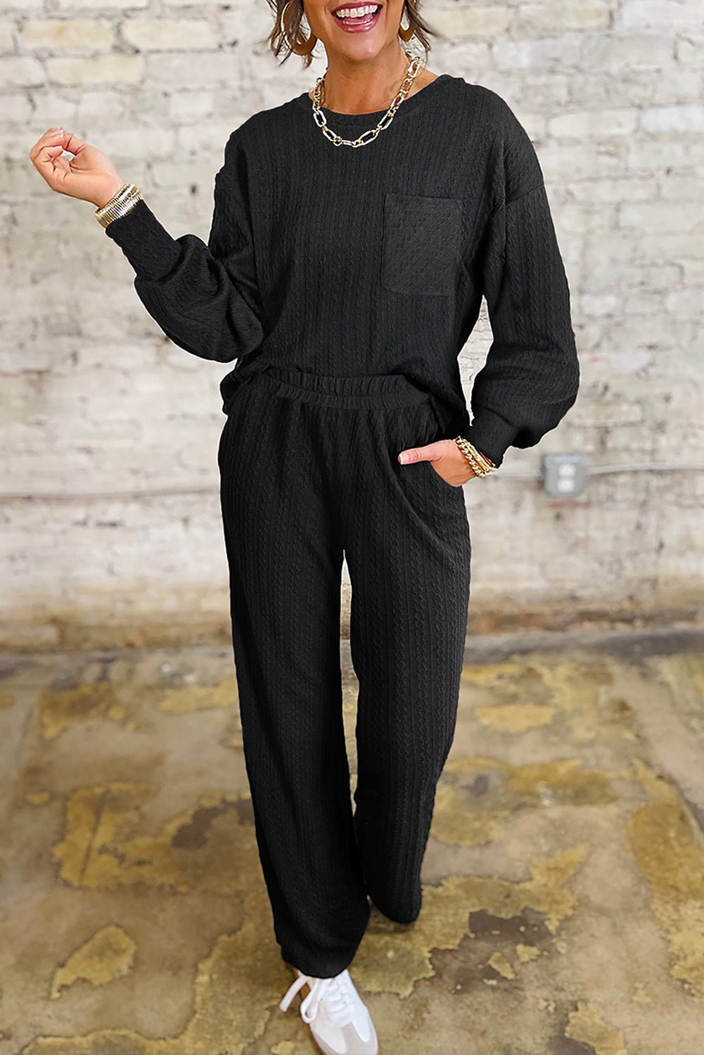 Black Textured Chest Pocket Drop Sleeve Top and Pants Set - MAD RUFFI