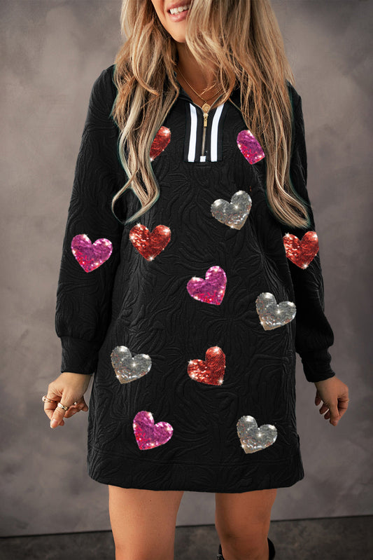 Black Textured Heart Patched Graphic Bracelet Sleeve Quarter Zip Collar Mini Dress - Black / S - Graphic Apparel