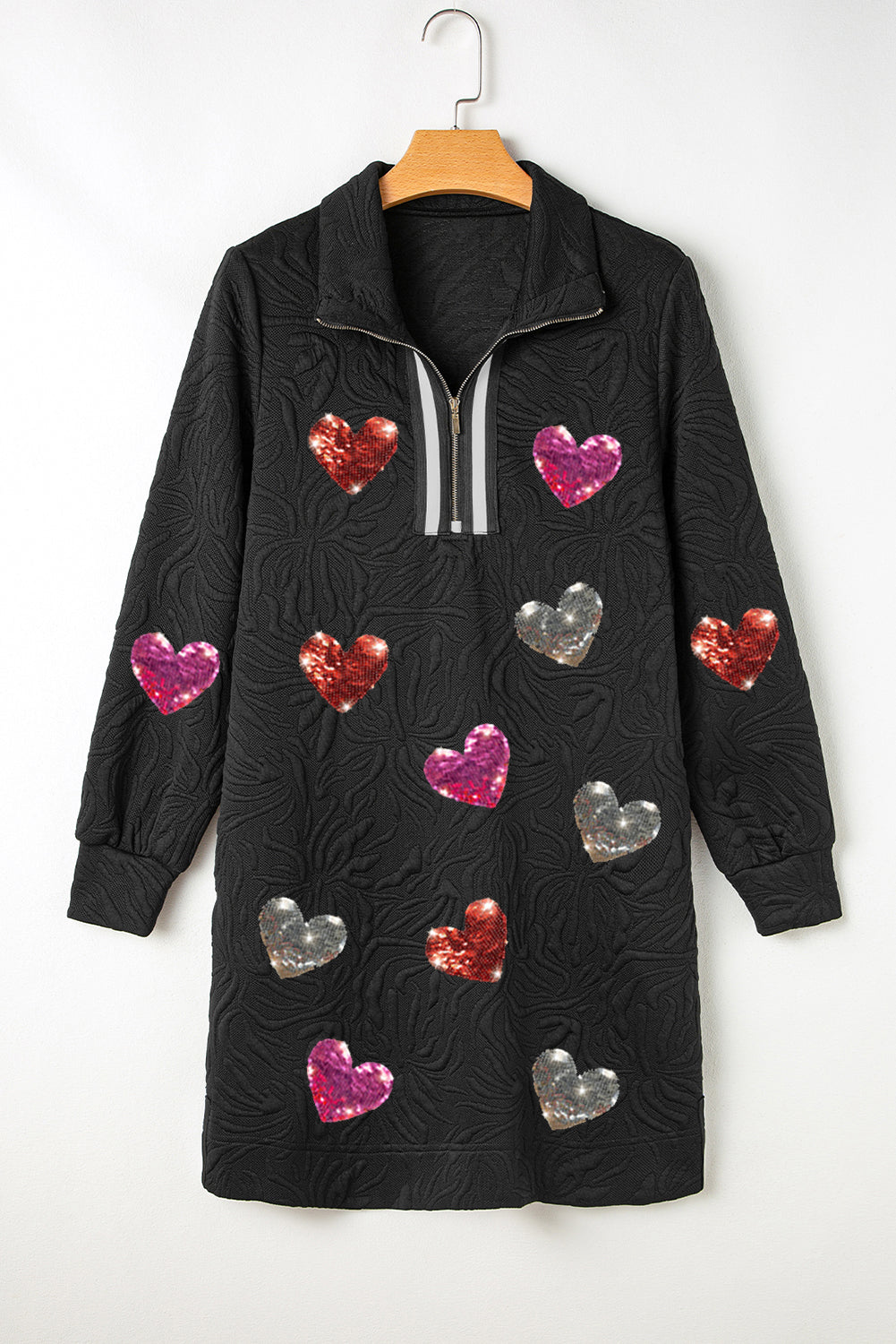 Black Textured Heart Patched Graphic Bracelet Sleeve Quarter Zip Collar Mini Dress - Graphic Apparel