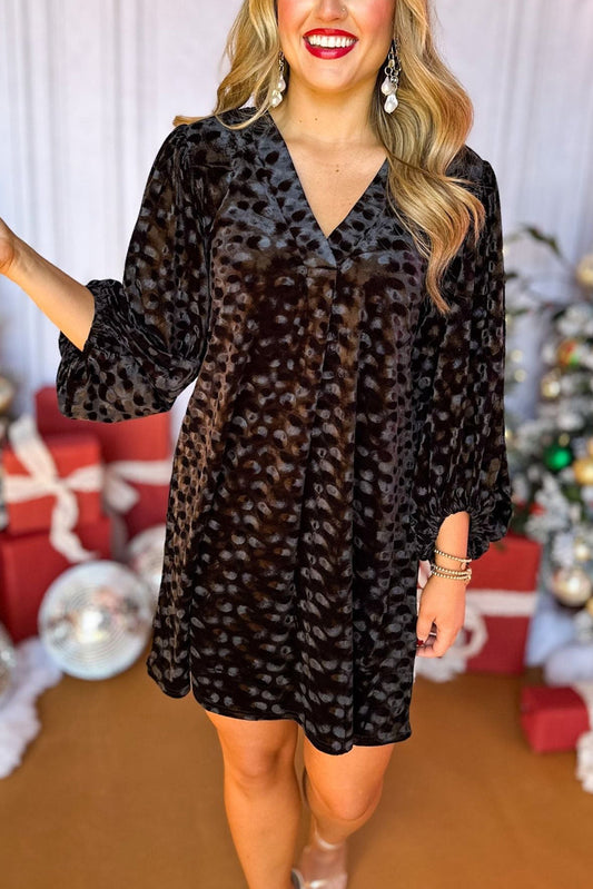 Black Textured V Neck Balloon Sleeve Velvet Mini Dress - MAD RUFFI