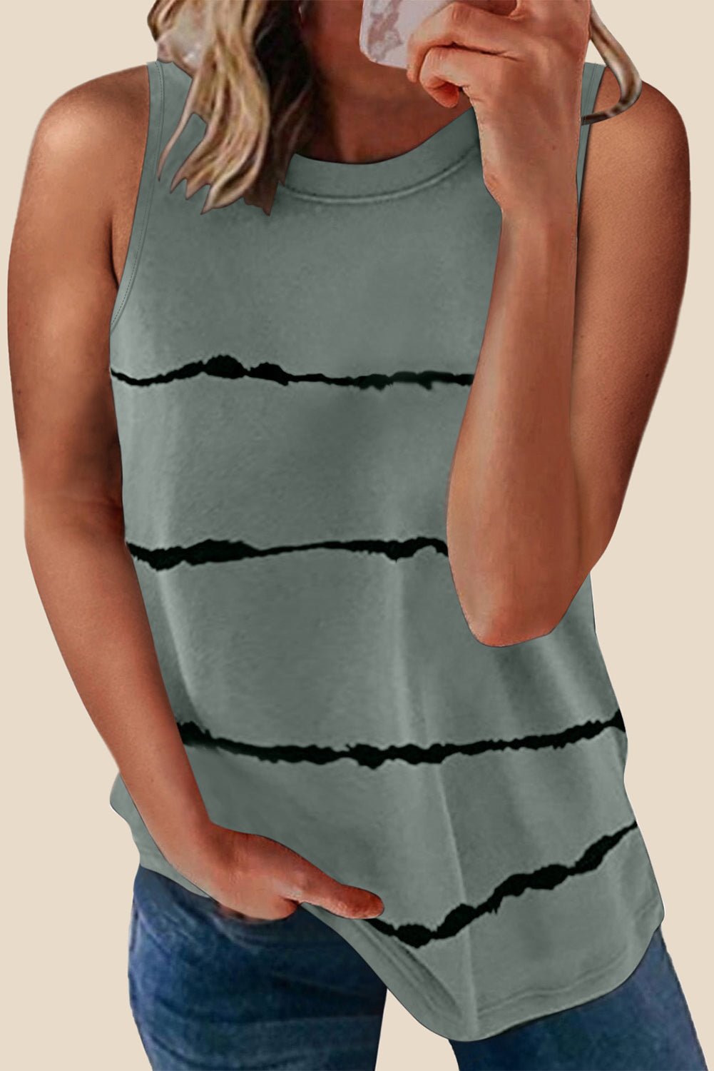 black tie - dye striped print round neck tank top - MAD RUFFI
