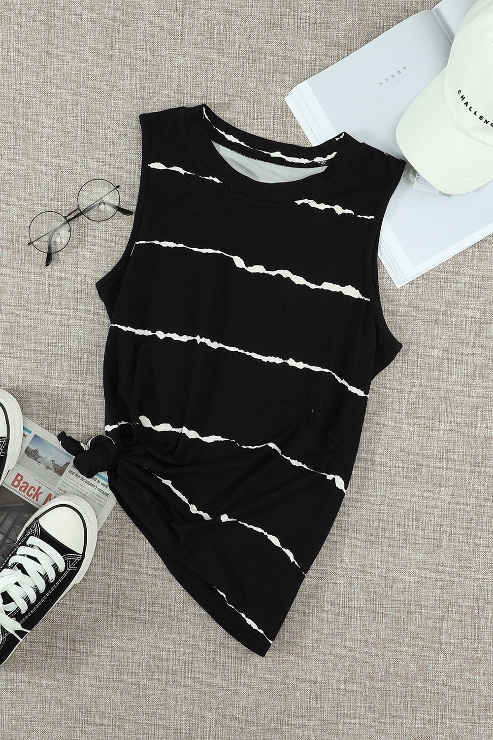 black tie - dye striped print round neck tank top - MAD RUFFI