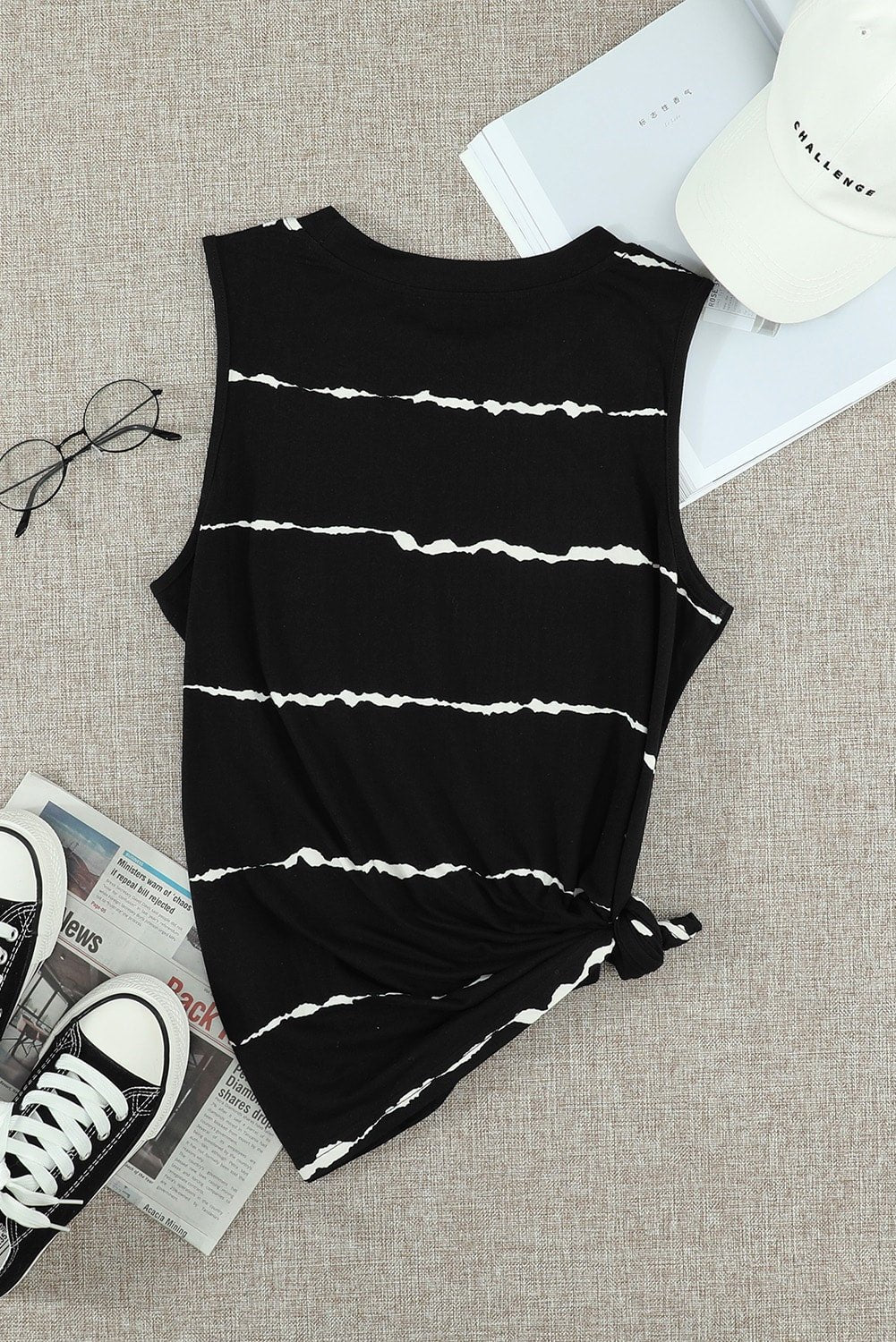 black tie - dye striped print round neck tank top - MAD RUFFI