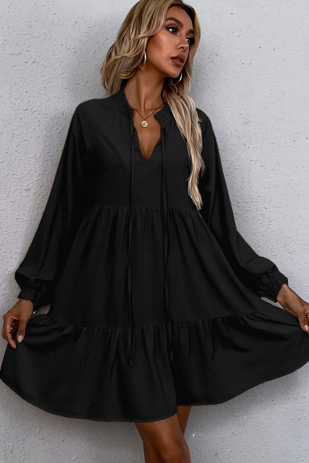 Black Tie Split Neck Smocked Detail Puff Sleeve Ruffle Hem Loose Dress - MAD RUFFI