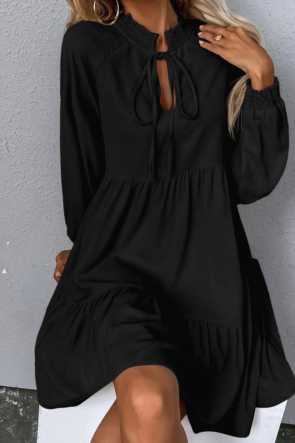 Black Tie Split Neck Smocked Detail Puff Sleeve Ruffle Hem Loose Dress - MAD RUFFI
