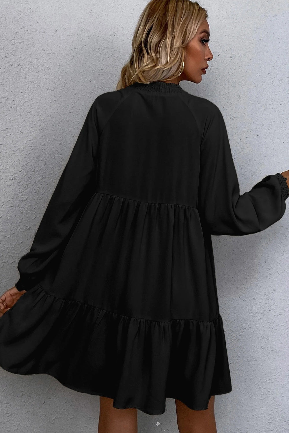 Black Tie Split Neck Smocked Detail Puff Sleeve Ruffle Hem Loose Dress - MAD RUFFI
