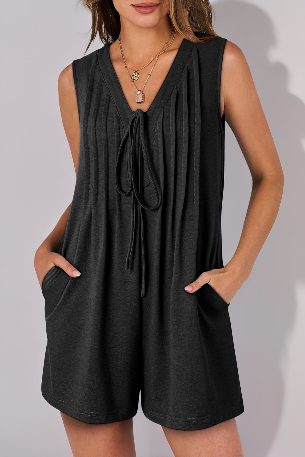 Black Tie V Neck Pleated Sleeveless Loose Romper - MAD RUFFI