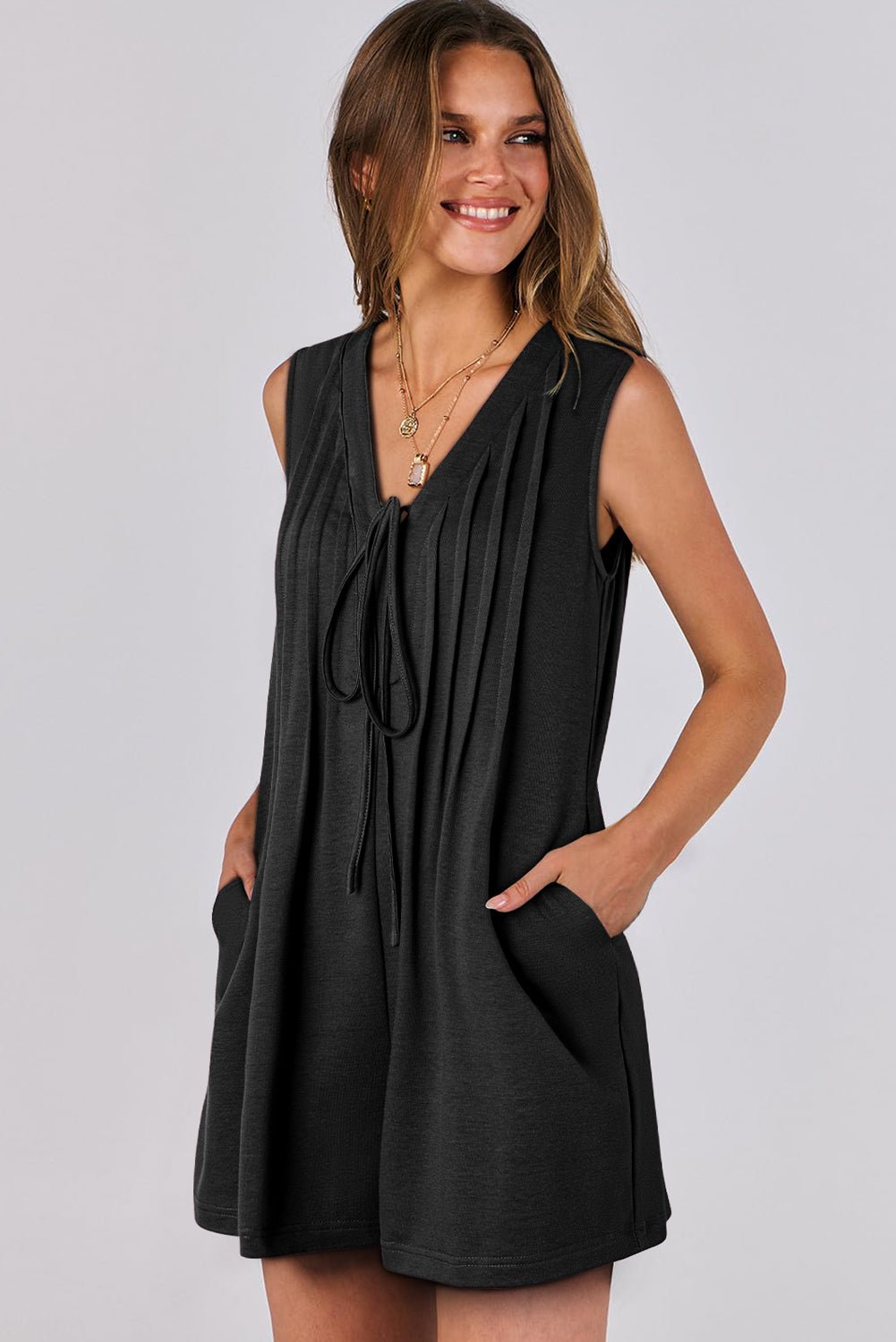 Black Tie V Neck Pleated Sleeveless Loose Romper - MAD RUFFI
