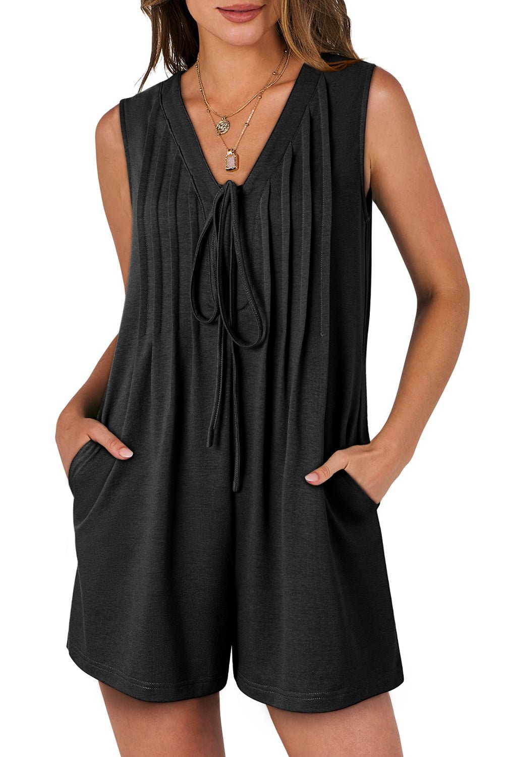 Black Tie V Neck Pleated Sleeveless Loose Romper - MAD RUFFI