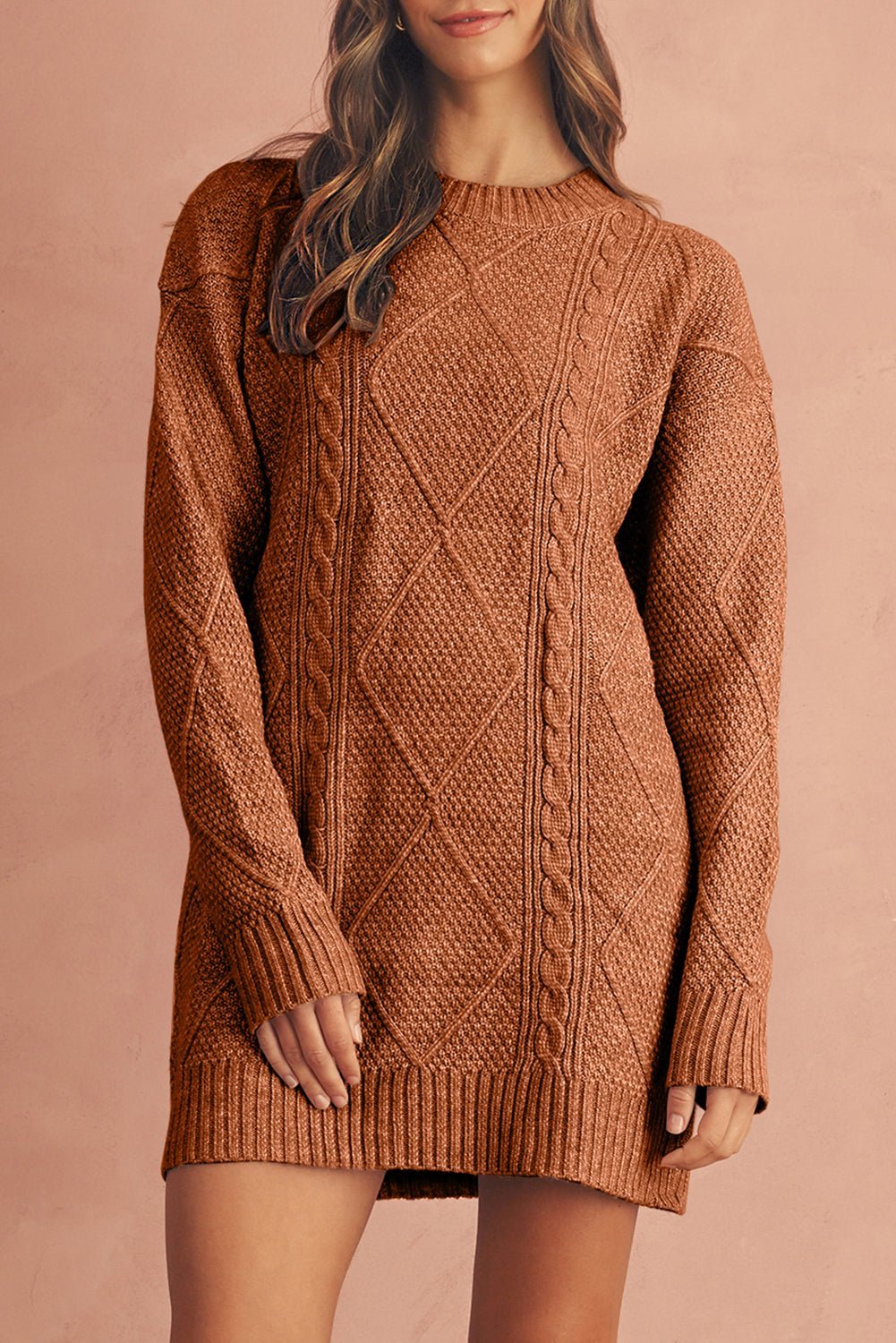 Black Twist Cable Knit Drop Shoulder Loose Fit Sweater Dress - MAD RUFFI