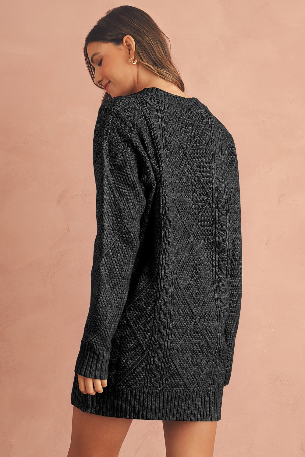 Black Twist Cable Knit Drop Shoulder Loose Fit Sweater Dress - MAD RUFFI