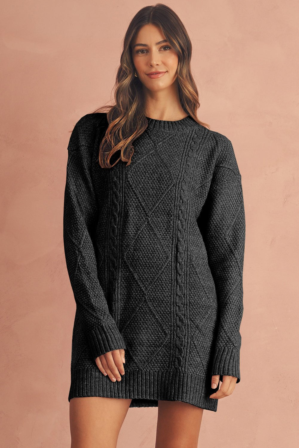 Black Twist Cable Knit Drop Shoulder Loose Fit Sweater Dress - MAD RUFFI