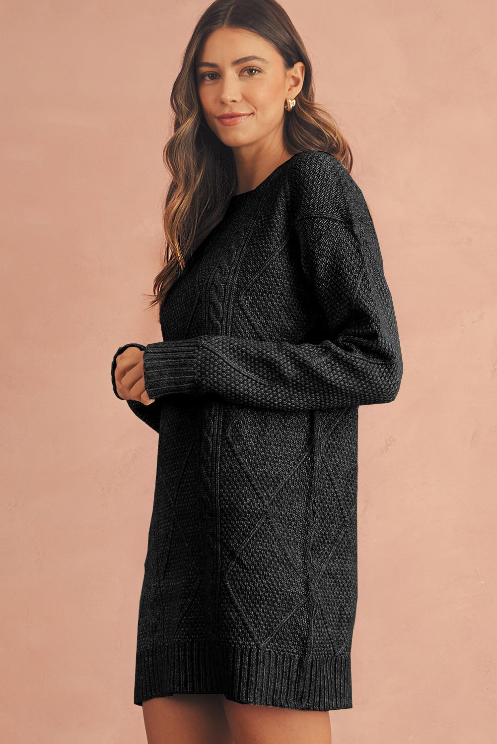 Black Twist Cable Knit Drop Shoulder Loose Fit Sweater Dress - MAD RUFFI