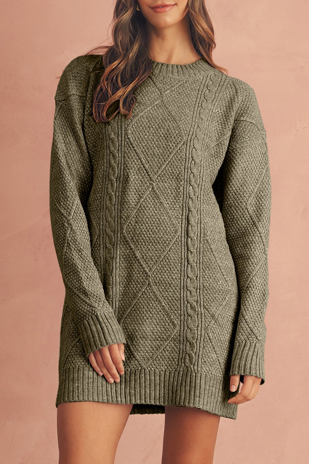 Black Twist Cable Knit Drop Shoulder Loose Fit Sweater Dress - MAD RUFFI