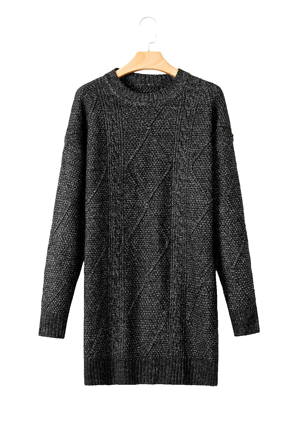 Black Twist Cable Knit Drop Shoulder Loose Fit Sweater Dress - MAD RUFFI