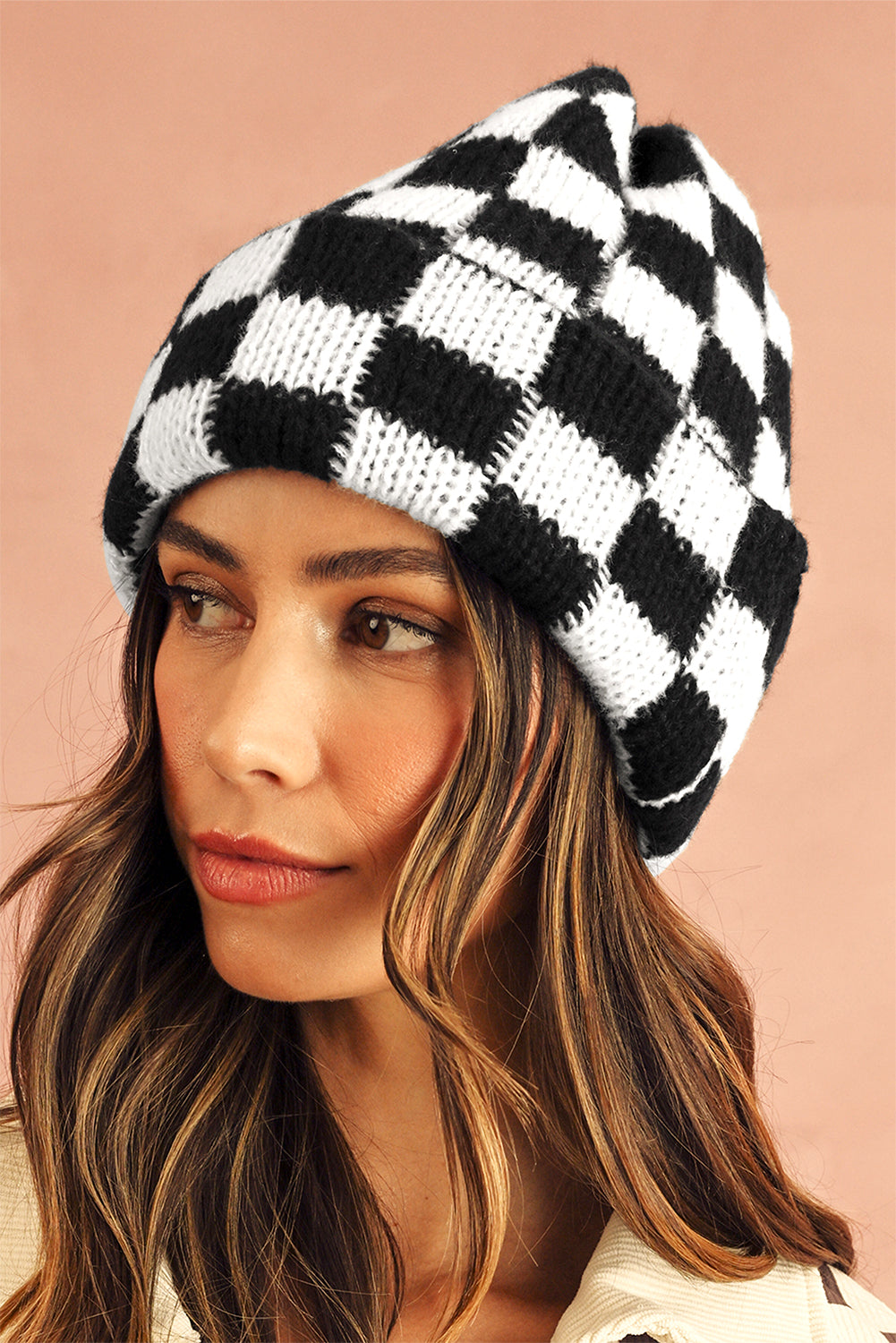 Black Two Tone Checkered Folded Eaveless Beanie Cap - MAD RUFFI