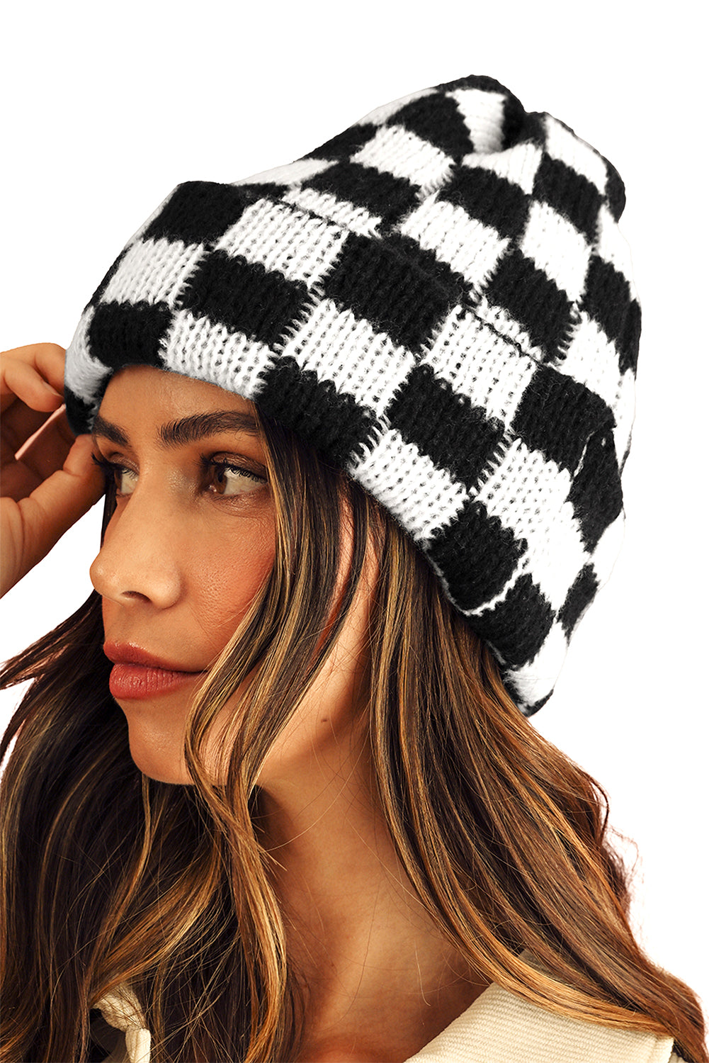 Black Two Tone Checkered Folded Eaveless Beanie Cap - MAD RUFFI