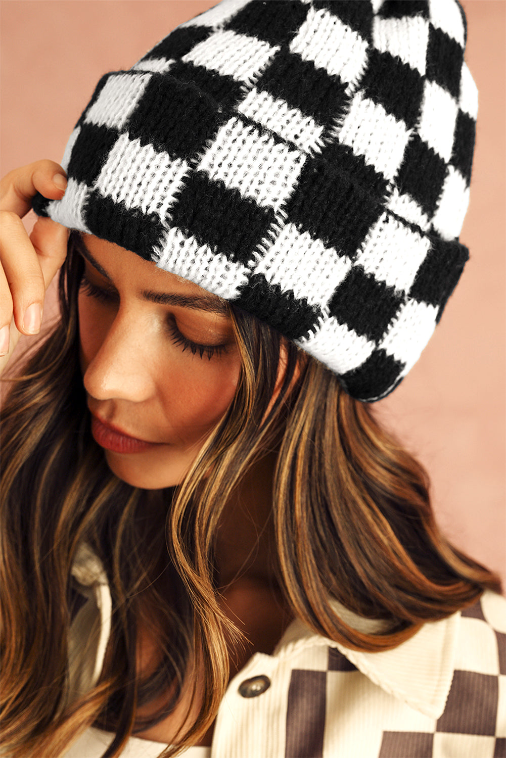 Black Two Tone Checkered Folded Eaveless Beanie Cap - MAD RUFFI