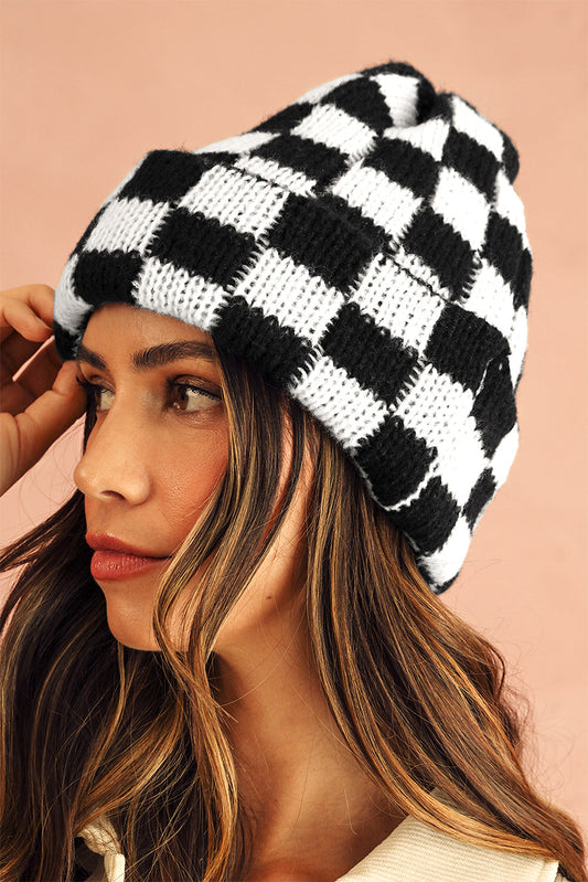 Black Two Tone Checkered Folded Eaveless Beanie Cap - MAD RUFFI