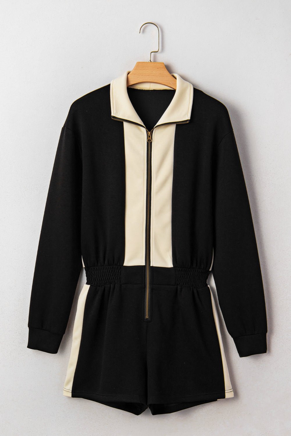 Black Two - Tone Zipper Long Sleeve Casual Romper - MAD RUFFI