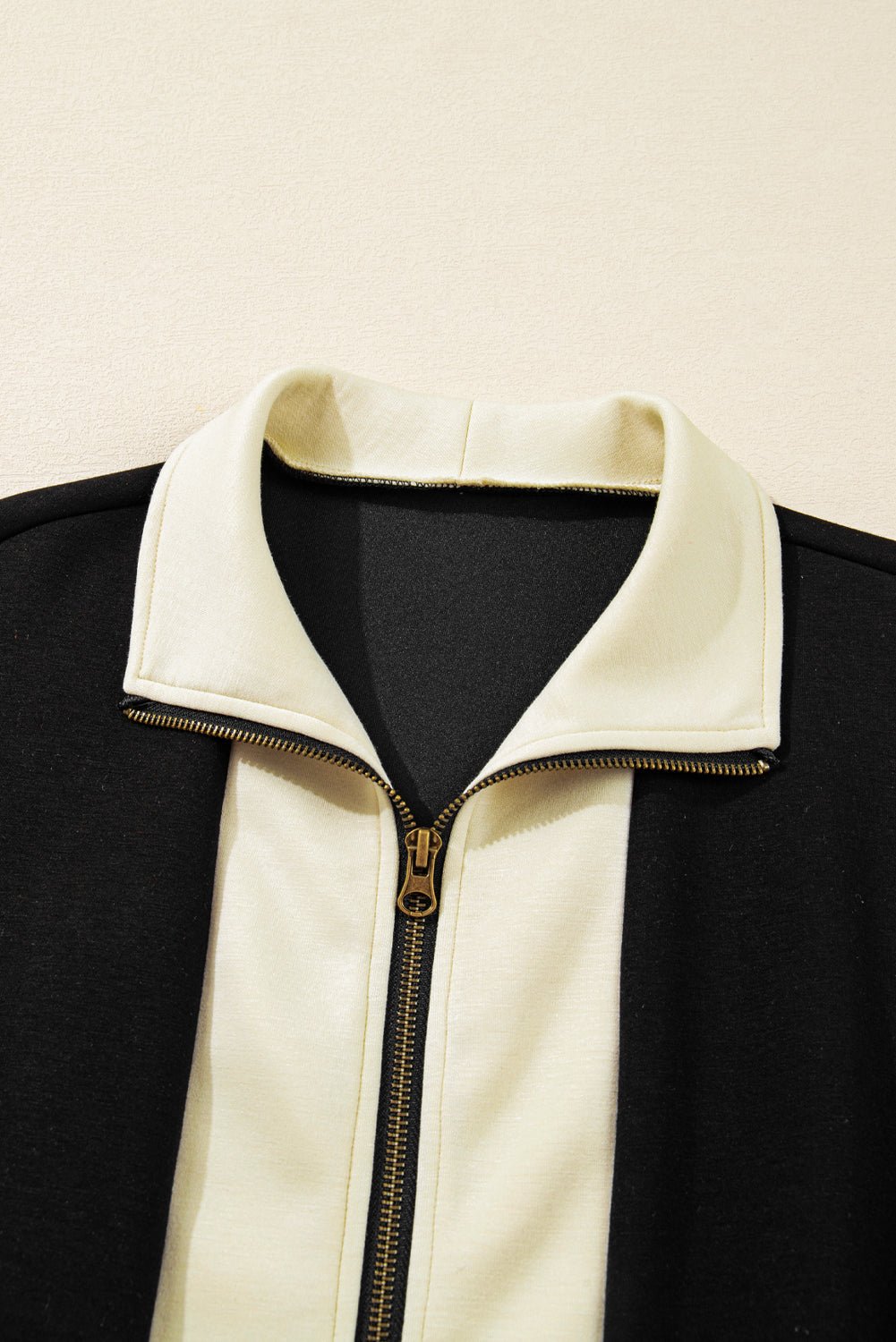 Black Two - Tone Zipper Long Sleeve Casual Romper - MAD RUFFI