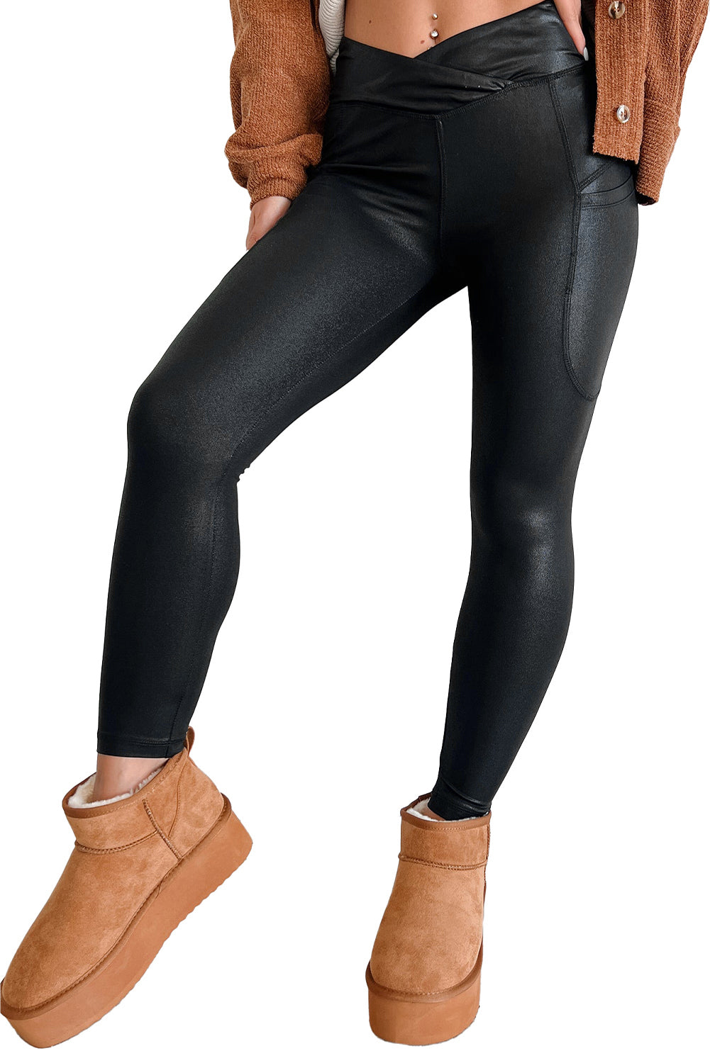 Black V Crossover High Waist Pocketed Leggings - MAD RUFFI