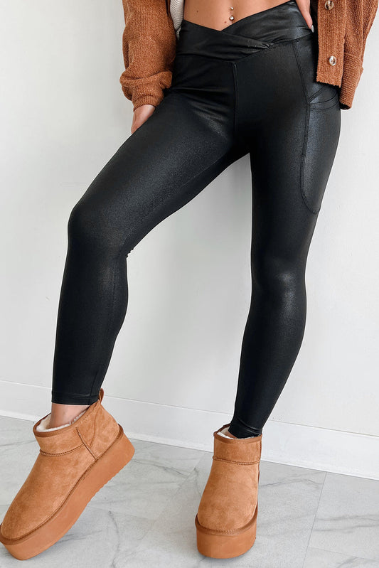 Black V Crossover High Waist Pocketed Leggings - MAD RUFFI