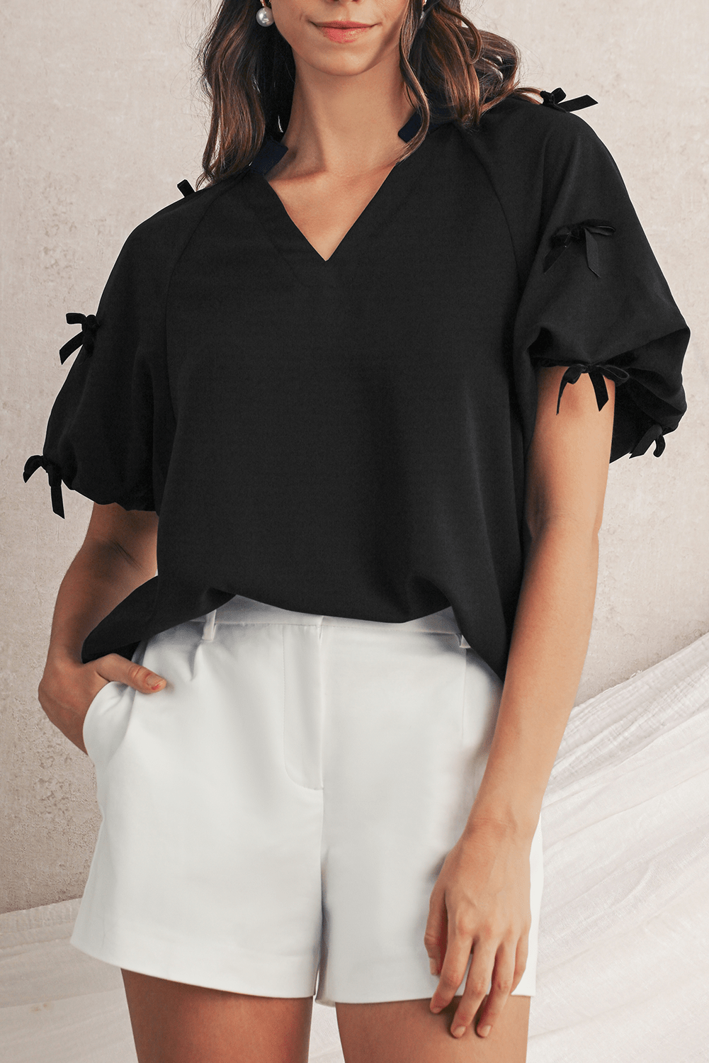 Black V Neck Bow Detail Puff Sleeve Blouse - MAD RUFFI