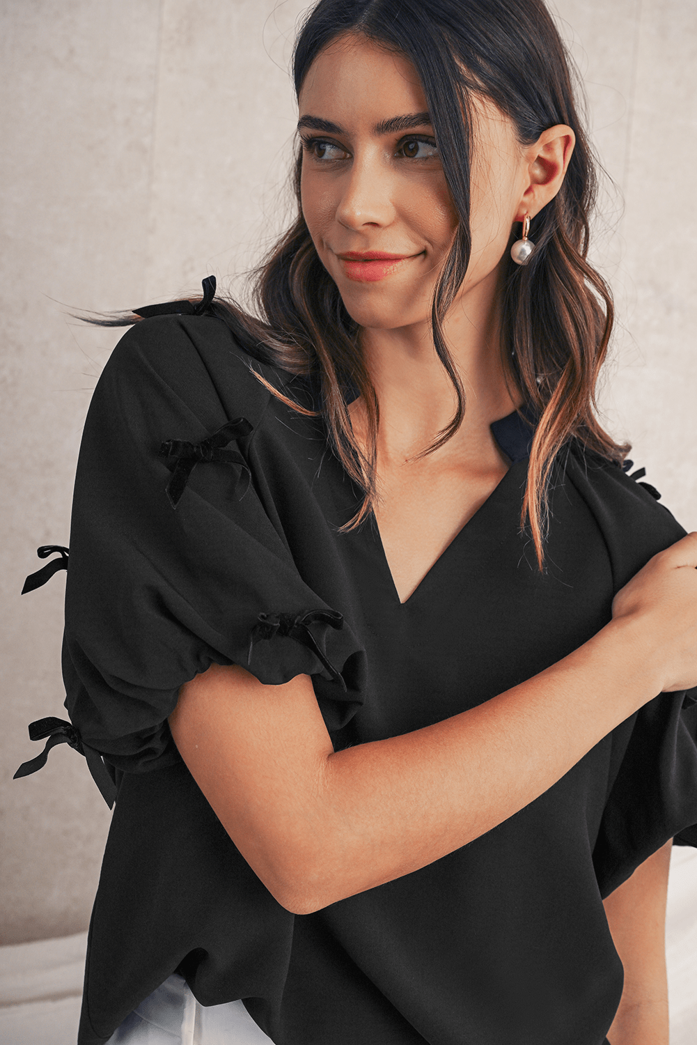 Black V Neck Bow Detail Puff Sleeve Blouse - MAD RUFFI