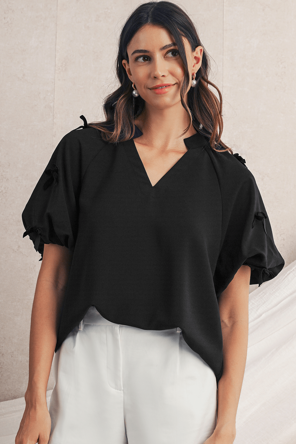 Black V Neck Bow Detail Puff Sleeve Blouse - MAD RUFFI