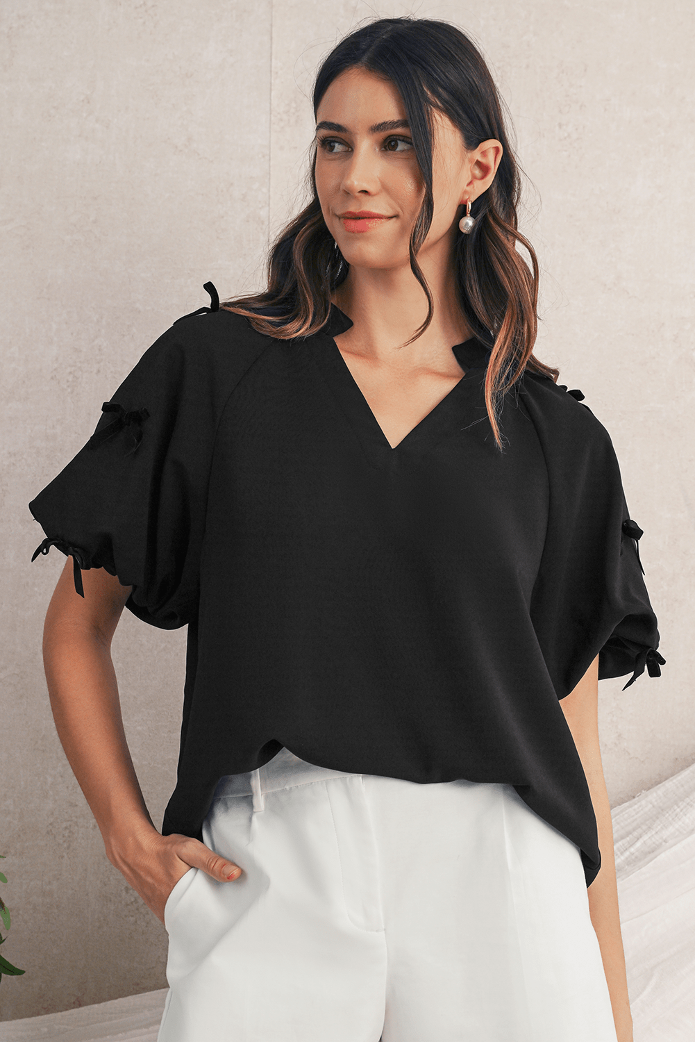 Black V Neck Bow Detail Puff Sleeve Blouse - MAD RUFFI