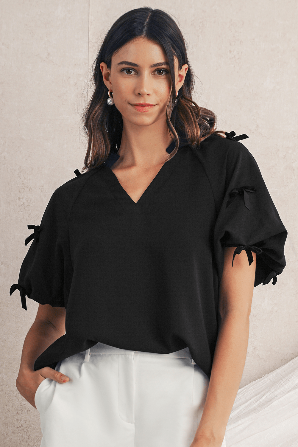 Black V Neck Bow Detail Puff Sleeve Blouse - MAD RUFFI