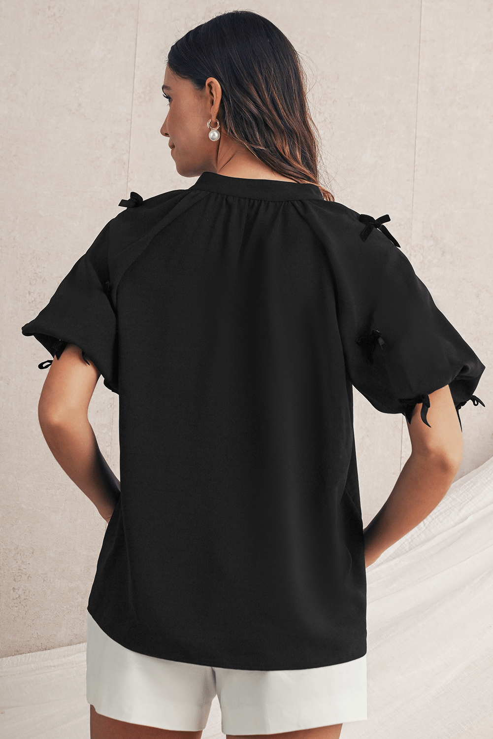 Black V Neck Bow Detail Puff Sleeve Blouse - MAD RUFFI