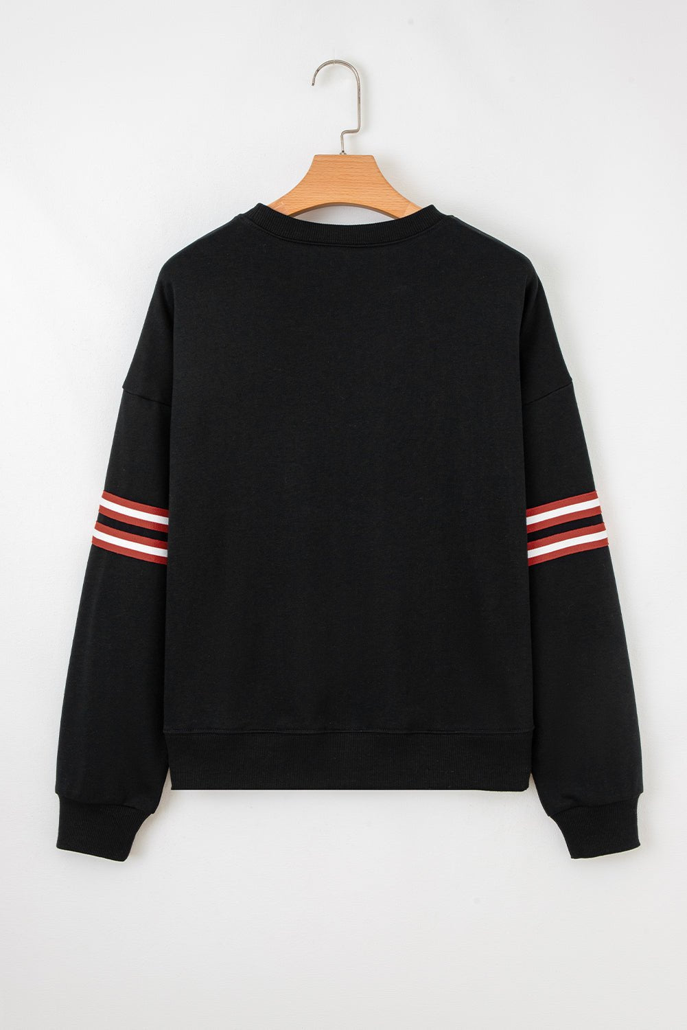Black Varsity Baseball Bow Graphic Striped Sleeve Baggy Sweatshirt - MAD RUFFI