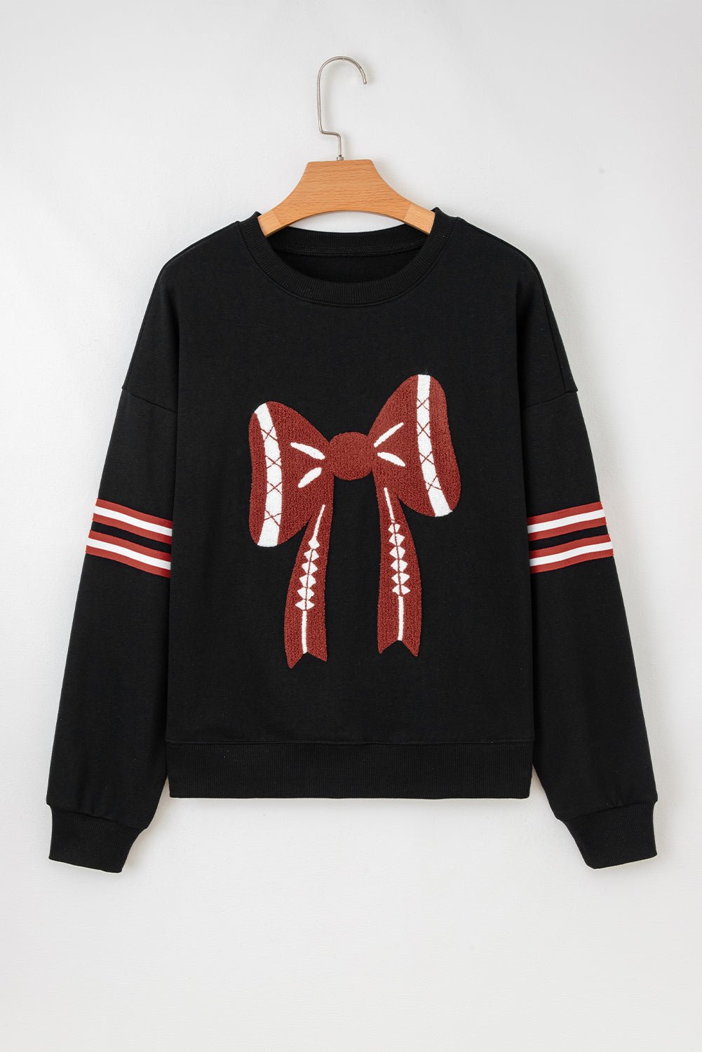 Black Varsity Baseball Bow Graphic Striped Sleeve Baggy Sweatshirt - MAD RUFFI