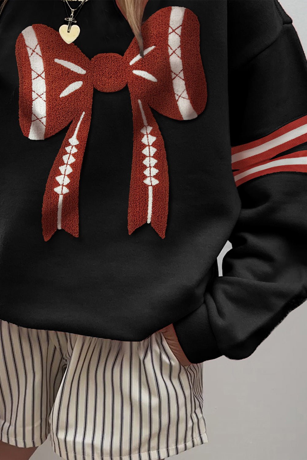 Black Varsity Baseball Bow Graphic Striped Sleeve Baggy Sweatshirt - MAD RUFFI