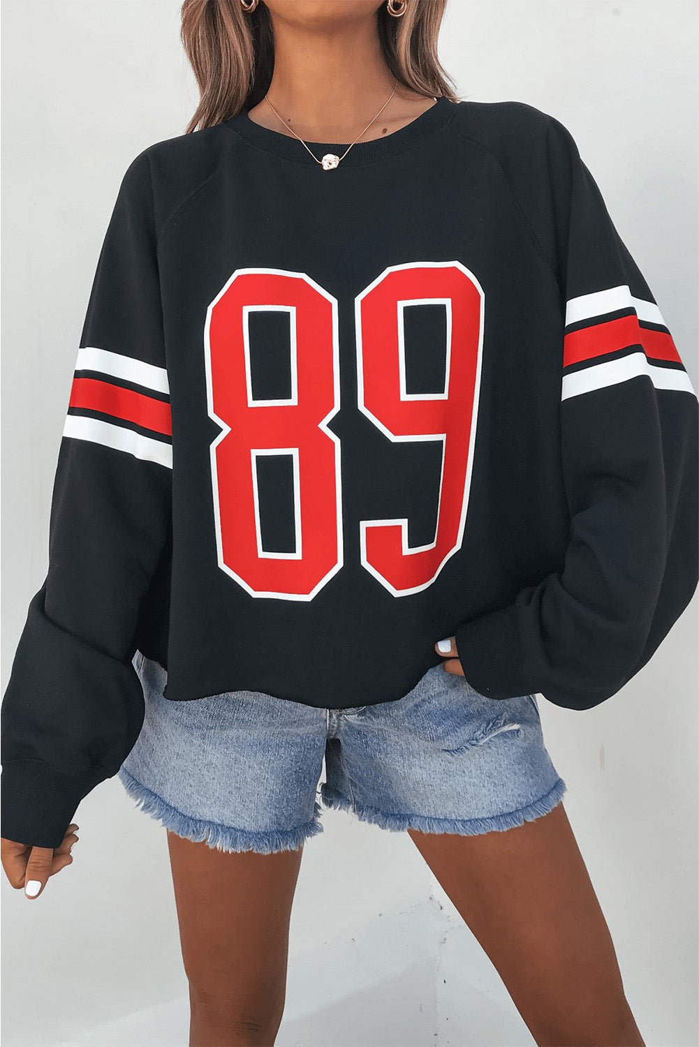 Black Varsity Spirit Striped 89 Graphic Casual Sweatshirt - MAD RUFFI