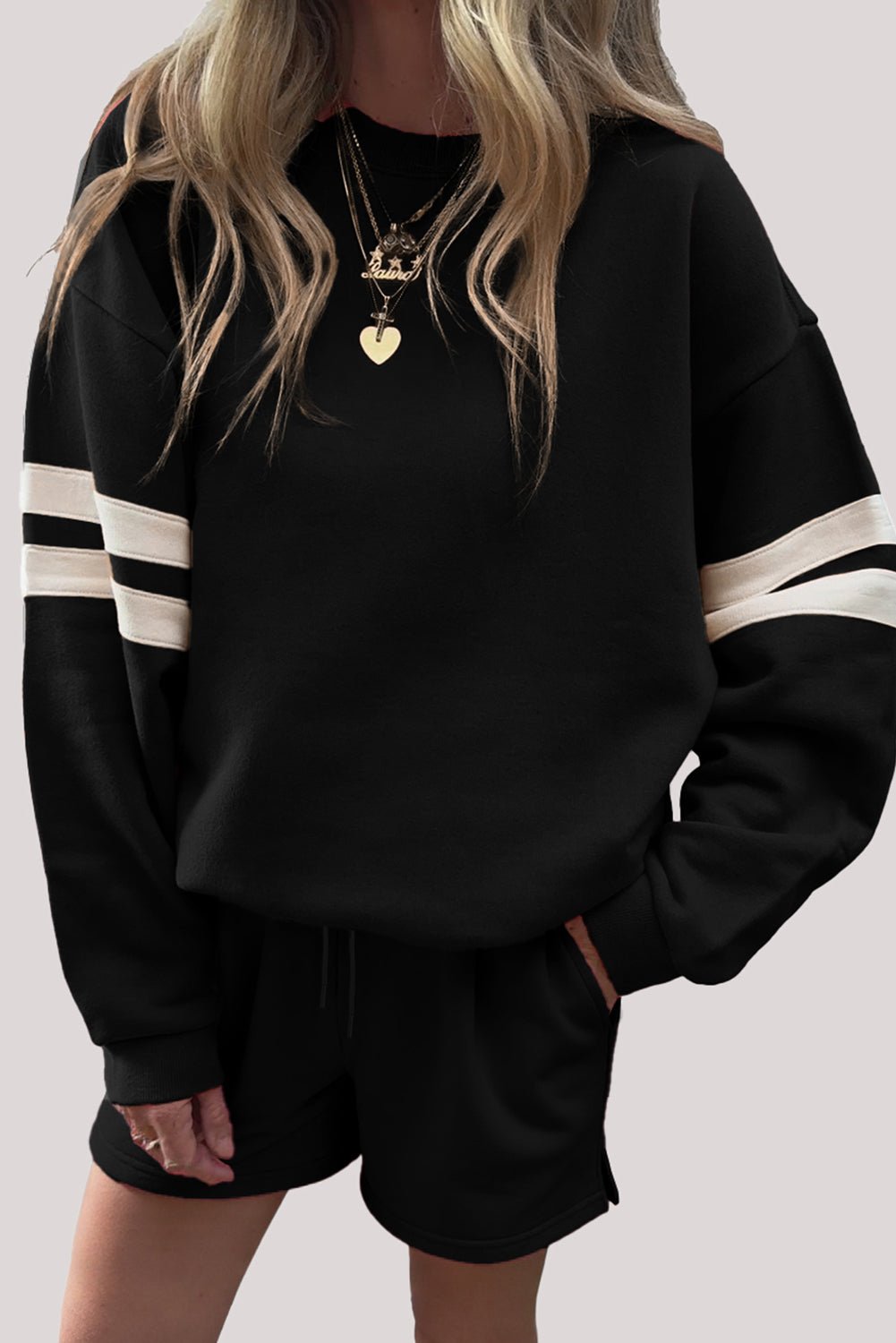 Black Varsity Striped Sleeve Drop Shoulder Sweatshirt and Shorts Set - MAD RUFFI