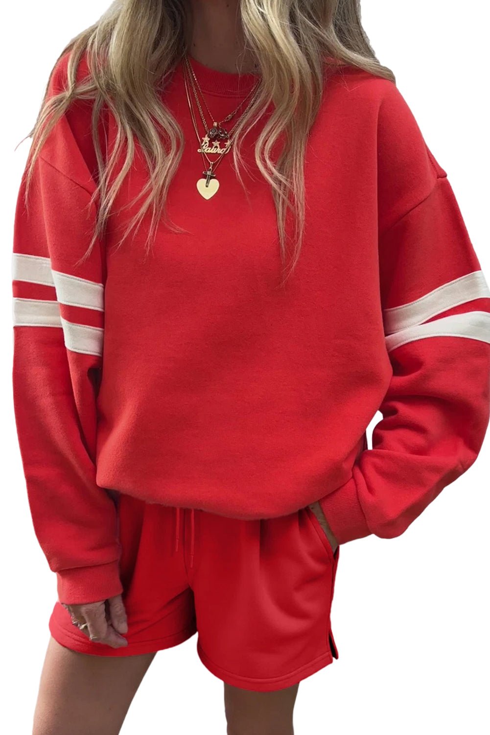 Black Varsity Striped Sleeve Drop Shoulder Sweatshirt and Shorts Set - MAD RUFFI