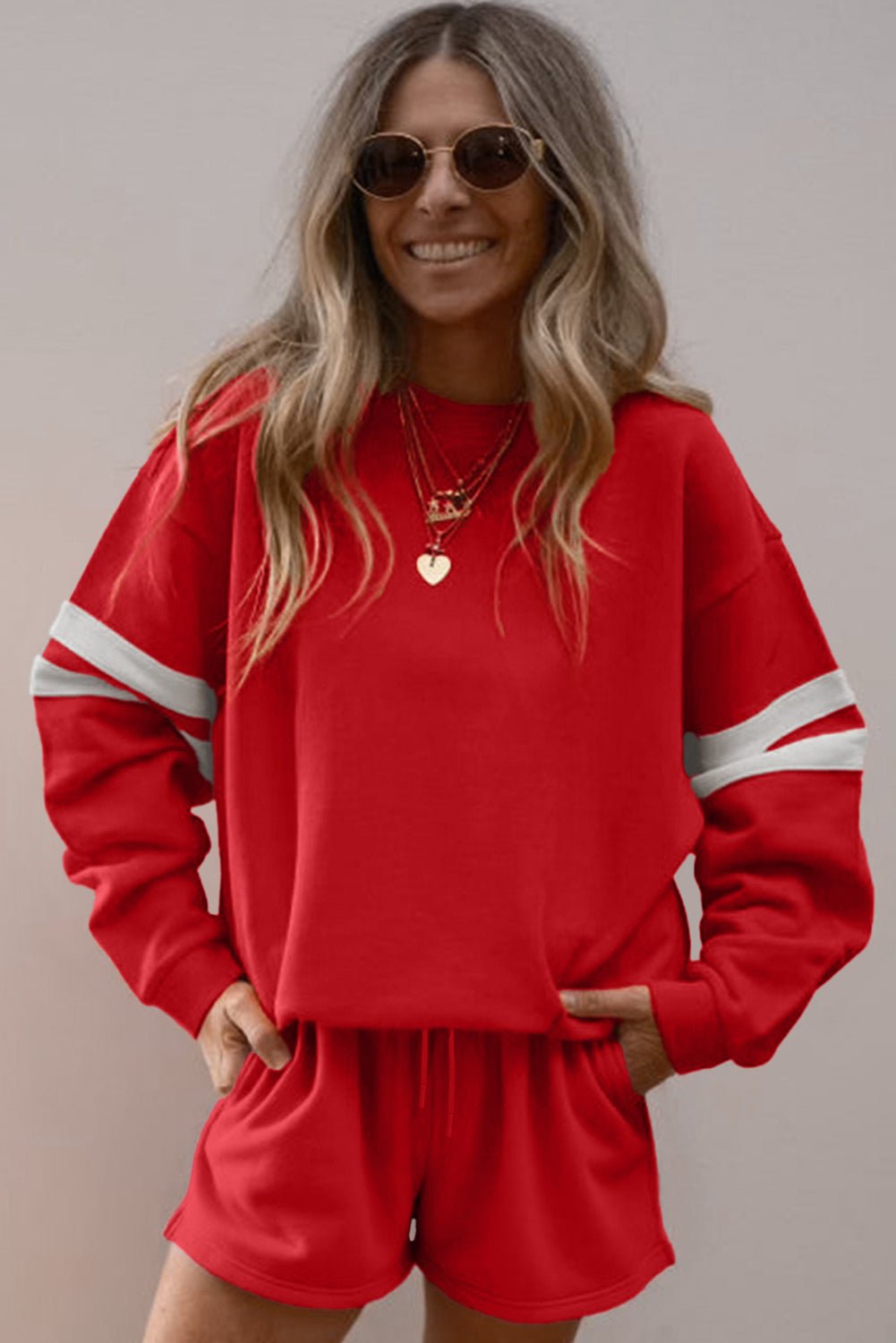 Black Varsity Striped Sleeve Drop Shoulder Sweatshirt and Shorts Set - MAD RUFFI