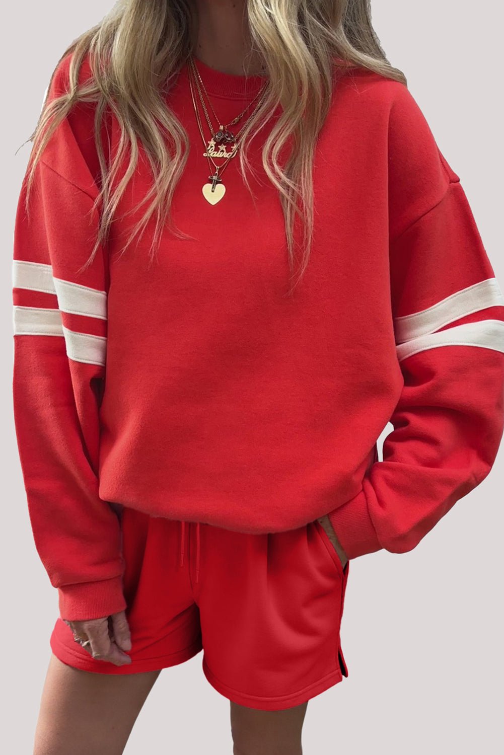 Black Varsity Striped Sleeve Drop Shoulder Sweatshirt and Shorts Set - MAD RUFFI