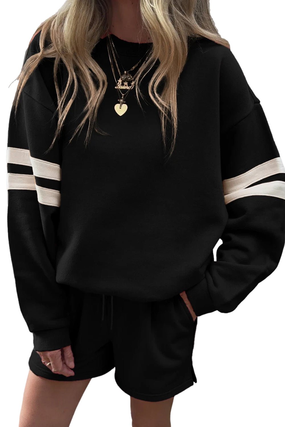 Black Varsity Striped Sleeve Drop Shoulder Sweatshirt and Shorts Set - MAD RUFFI