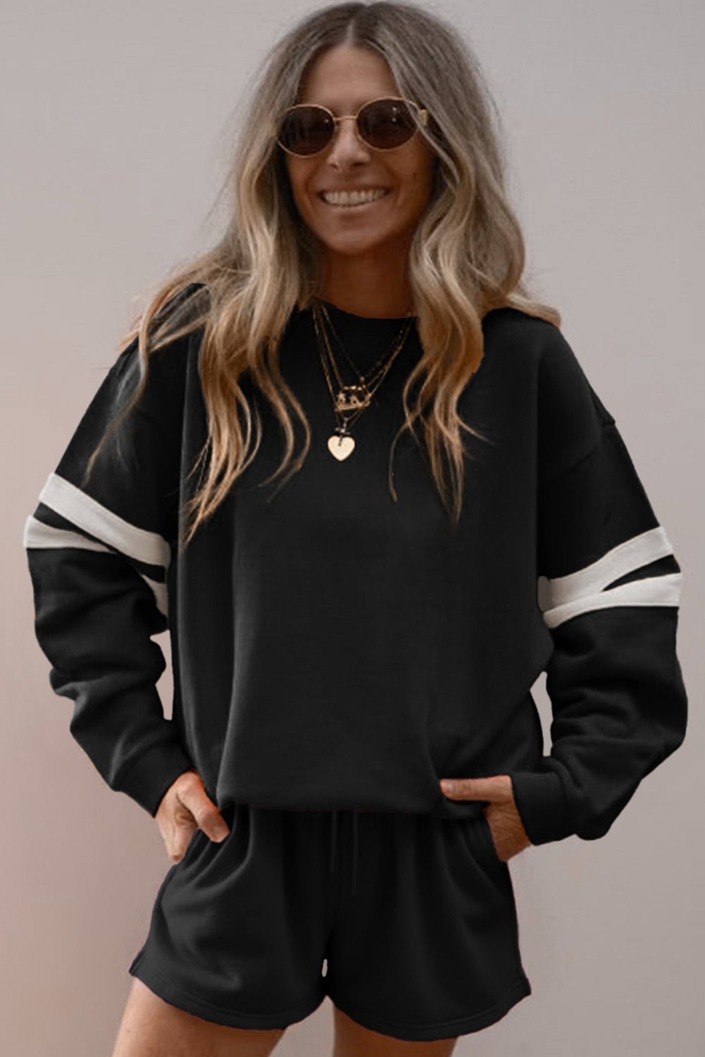 Black Varsity Striped Sleeve Drop Shoulder Sweatshirt and Shorts Set - MAD RUFFI