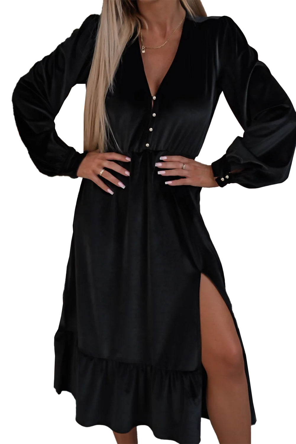 Black Velvet Buttoned Puff Sleeve V Neck Split Midi Dress - MAD RUFFI