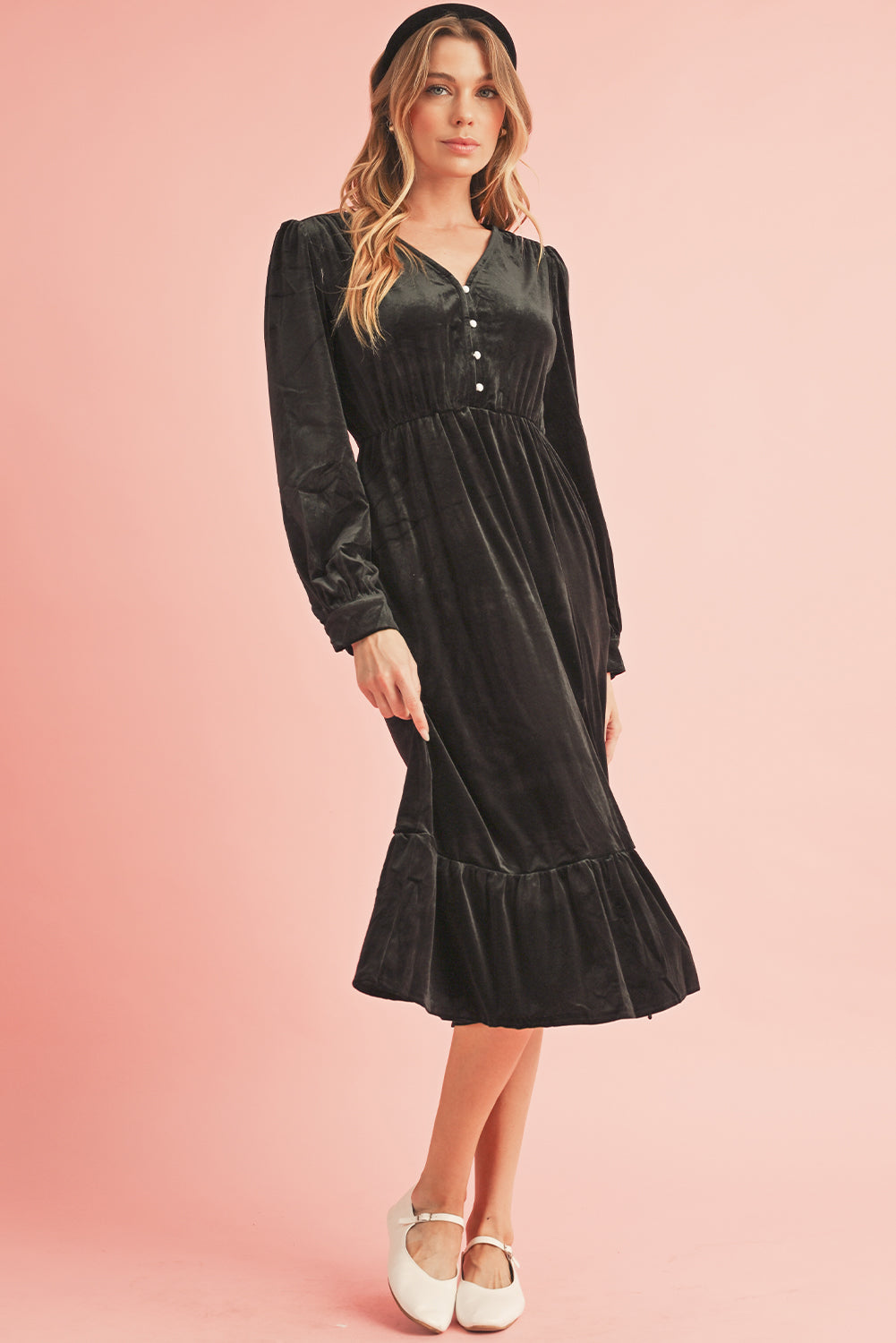 Black Velvet Buttoned Puff Sleeve V Neck Split Midi Dress - MAD RUFFI