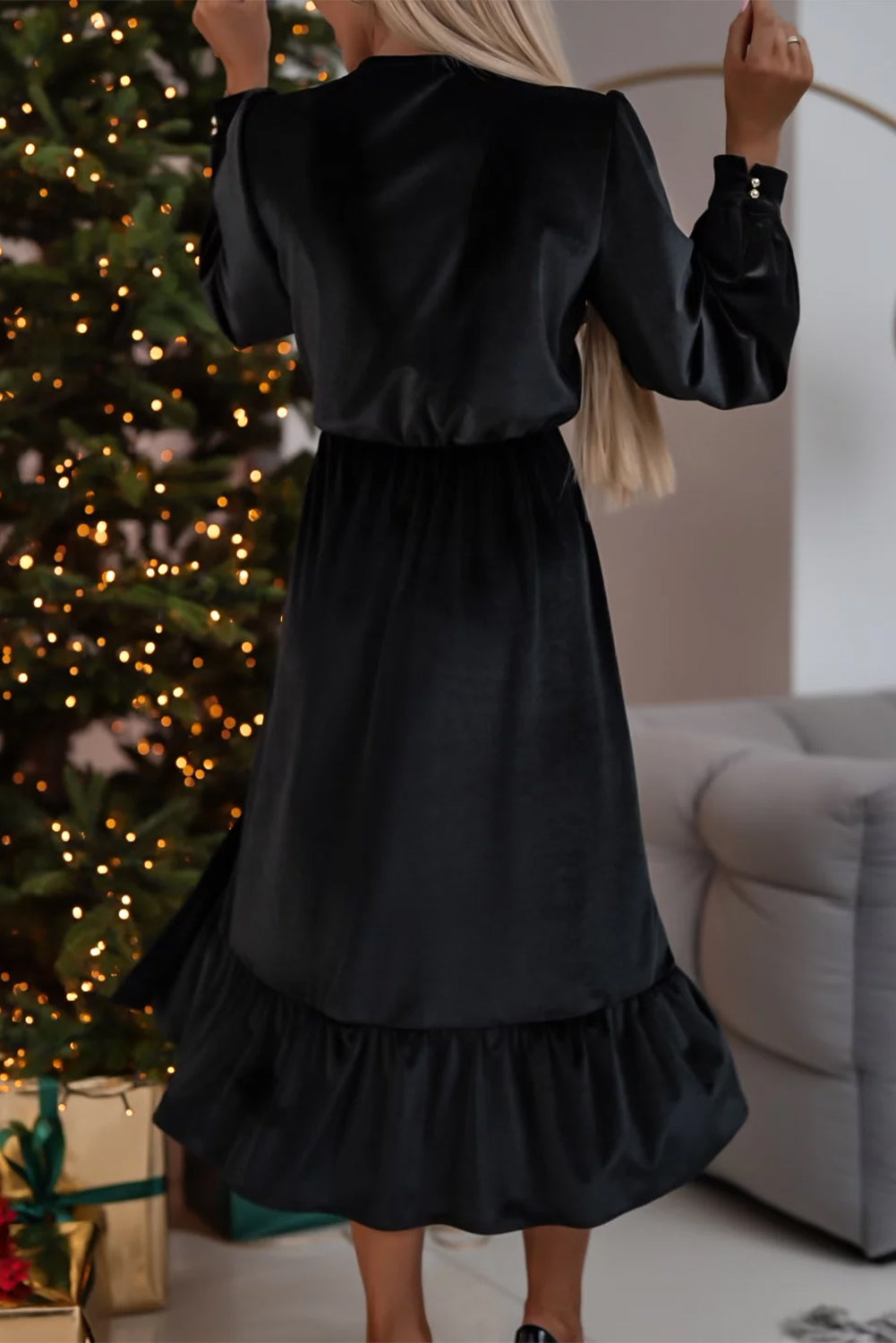 Black Velvet Buttoned Puff Sleeve V Neck Split Midi Dress - MAD RUFFI