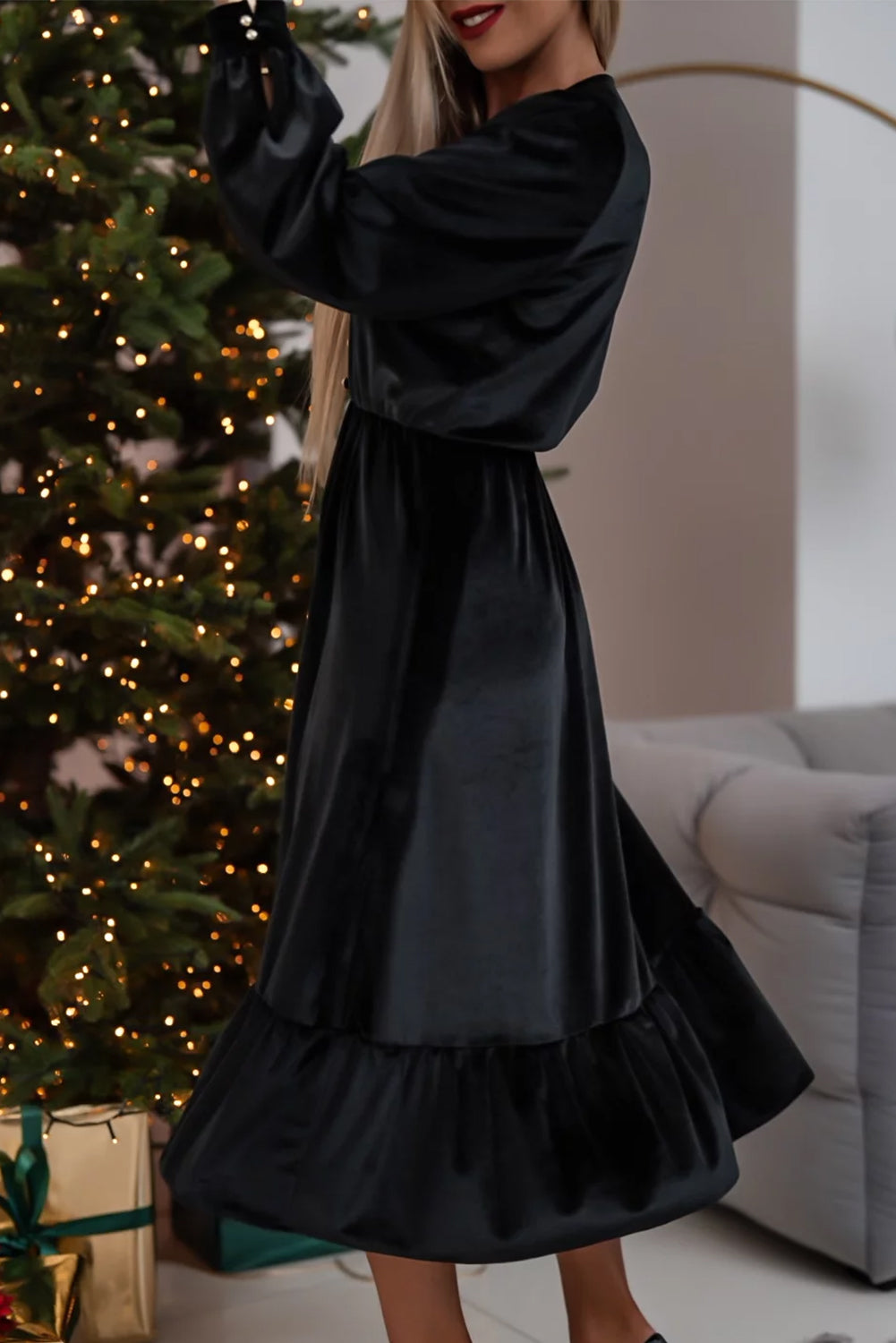 Black Velvet Buttoned Puff Sleeve V Neck Split Midi Dress - MAD RUFFI