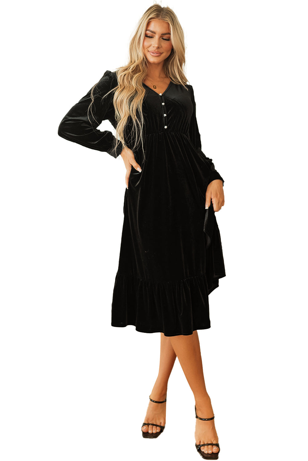 Black Velvet Buttoned Puff Sleeve V Neck Split Midi Dress - MAD RUFFI