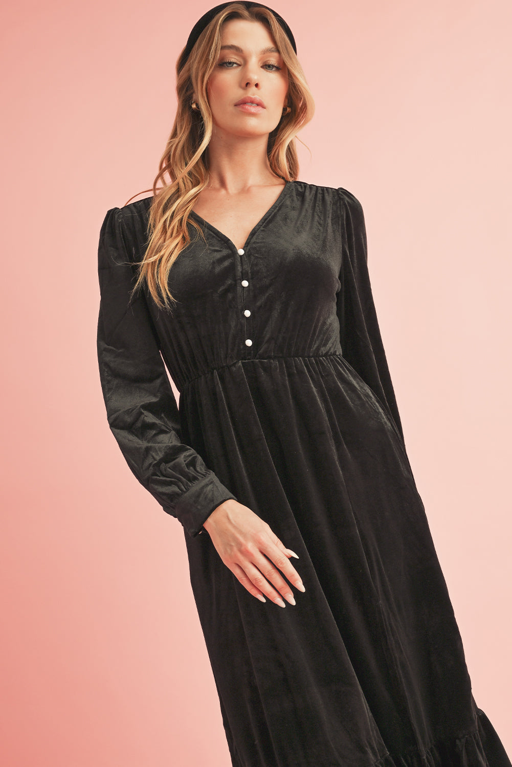 Black Velvet Buttoned Puff Sleeve V Neck Split Midi Dress - MAD RUFFI