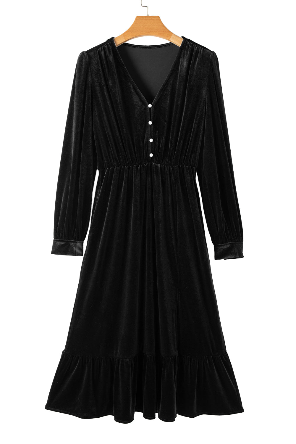 Black Velvet Buttoned Puff Sleeve V Neck Split Midi Dress - MAD RUFFI